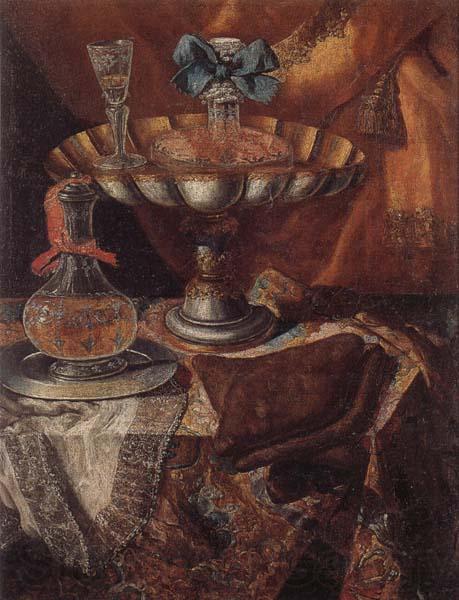 unknow artist Still life of a wine glass and bottle in a parcel gilt tazza together with a glass decanter on a pewter dish upon a draped tabletop Germany oil painting art